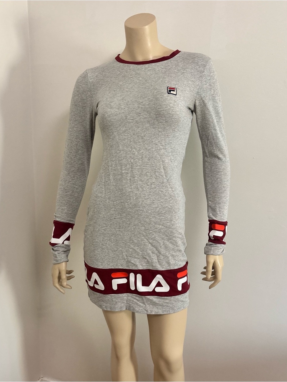 FILA Gray and Burgundy Logo Long-Sleeve Dress Size XS